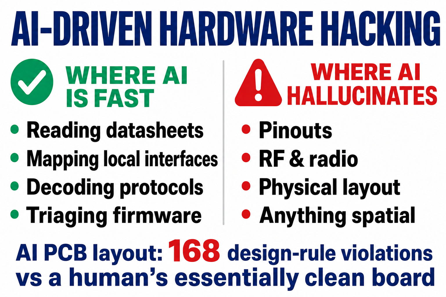 Where AI is fast (reading datasheets, mapping local interfaces, decoding protocols, triaging firmware) versus where AI hallucinates (pinouts, RF, physical layout) — the AI PCB layout scored 168 design-rule violations against a human's essentially clean board