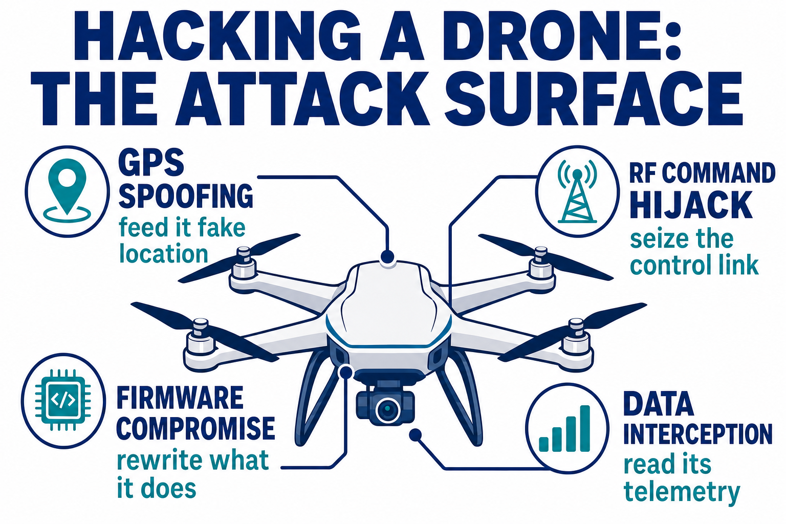 Hacking a drone: the attack surface, showing GPS spoofing, RF command hijack, firmware compromise, and data interception