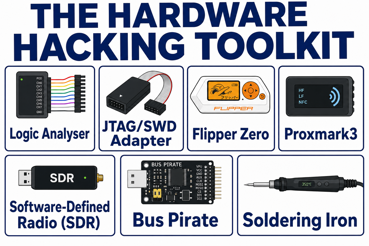 The hardware hacking toolkit: logic analyser, JTAG/SWD adapter, Flipper Zero, Proxmark3, software-defined radio, Bus Pirate, and soldering iron