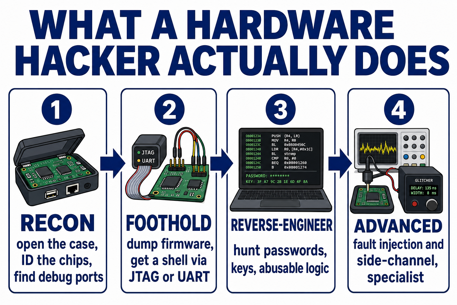 The four stages of what a hardware hacker does: recon, foothold, reverse-engineer, and advanced techniques like fault injection