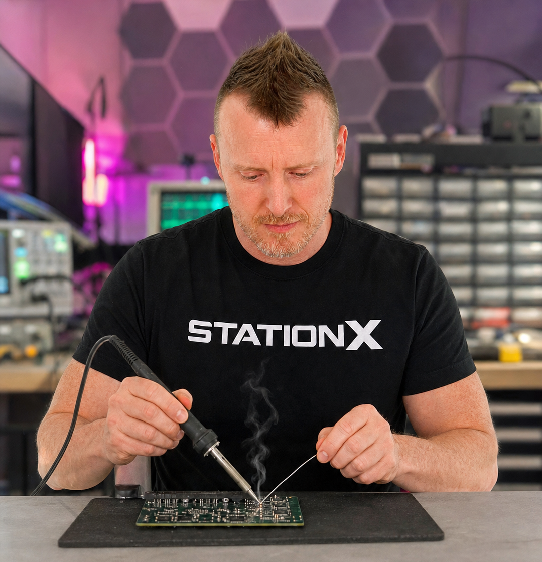 Nathan House soldering a circuit board at the StationX hardware bench