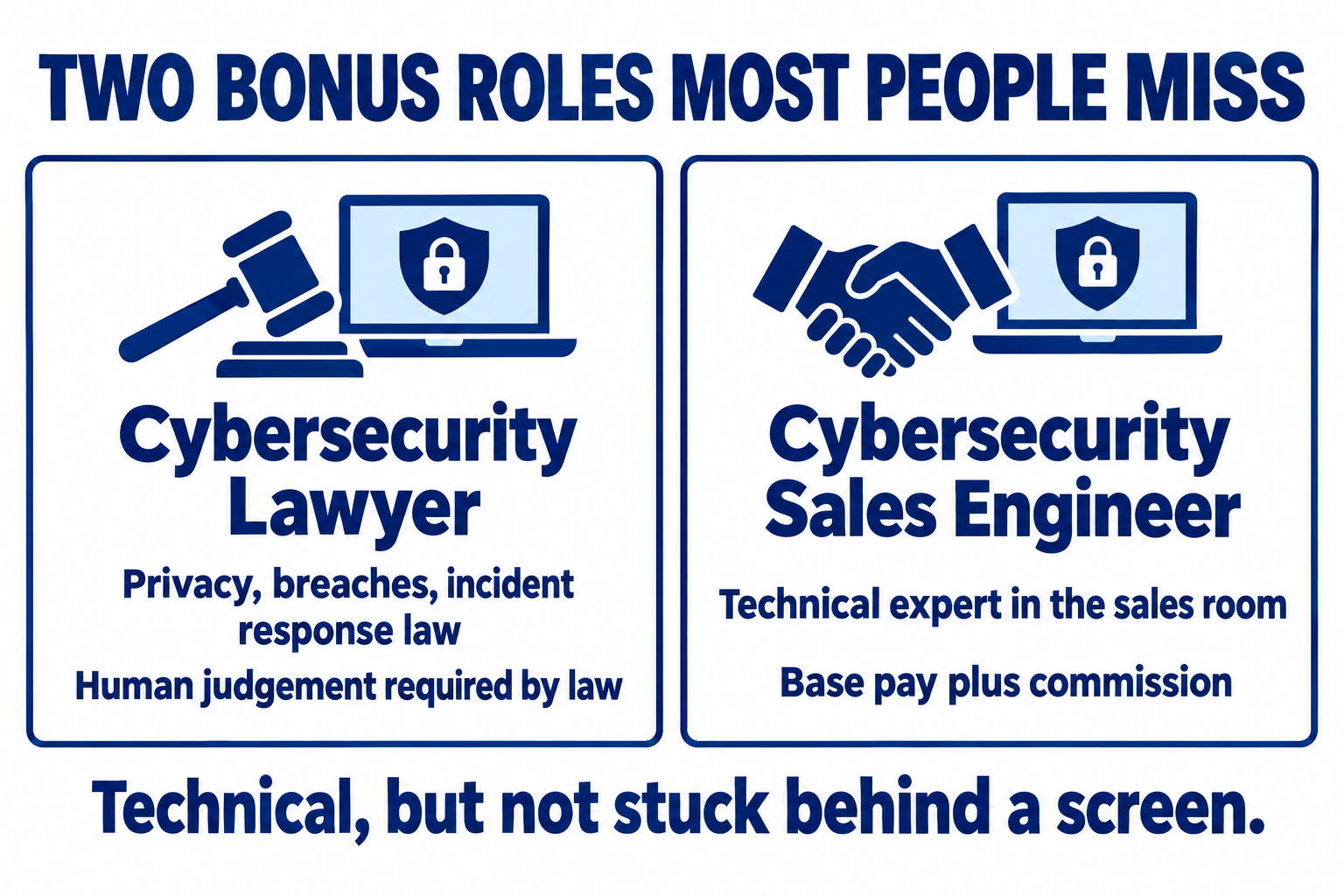 Two bonus roles most people miss: the cybersecurity lawyer, working on privacy, breaches and incident response law where human judgement is required, and the cybersecurity sales engineer, the technical expert in the sales room paid a base plus commission