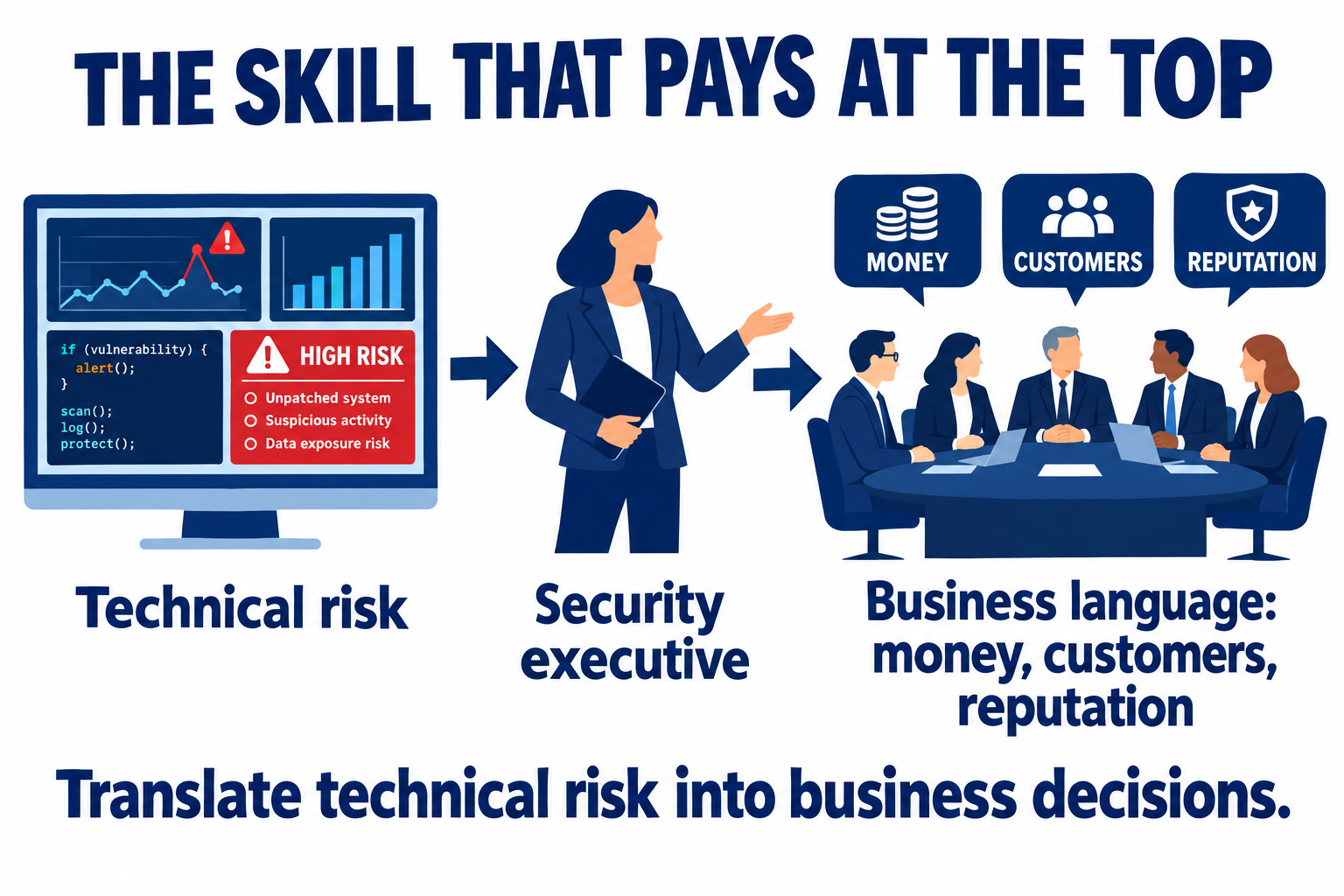 The skill that pays at the top: a security executive translates technical risk, such as alerts, charts and code, into business language about money, customers and reputation for the boardroom