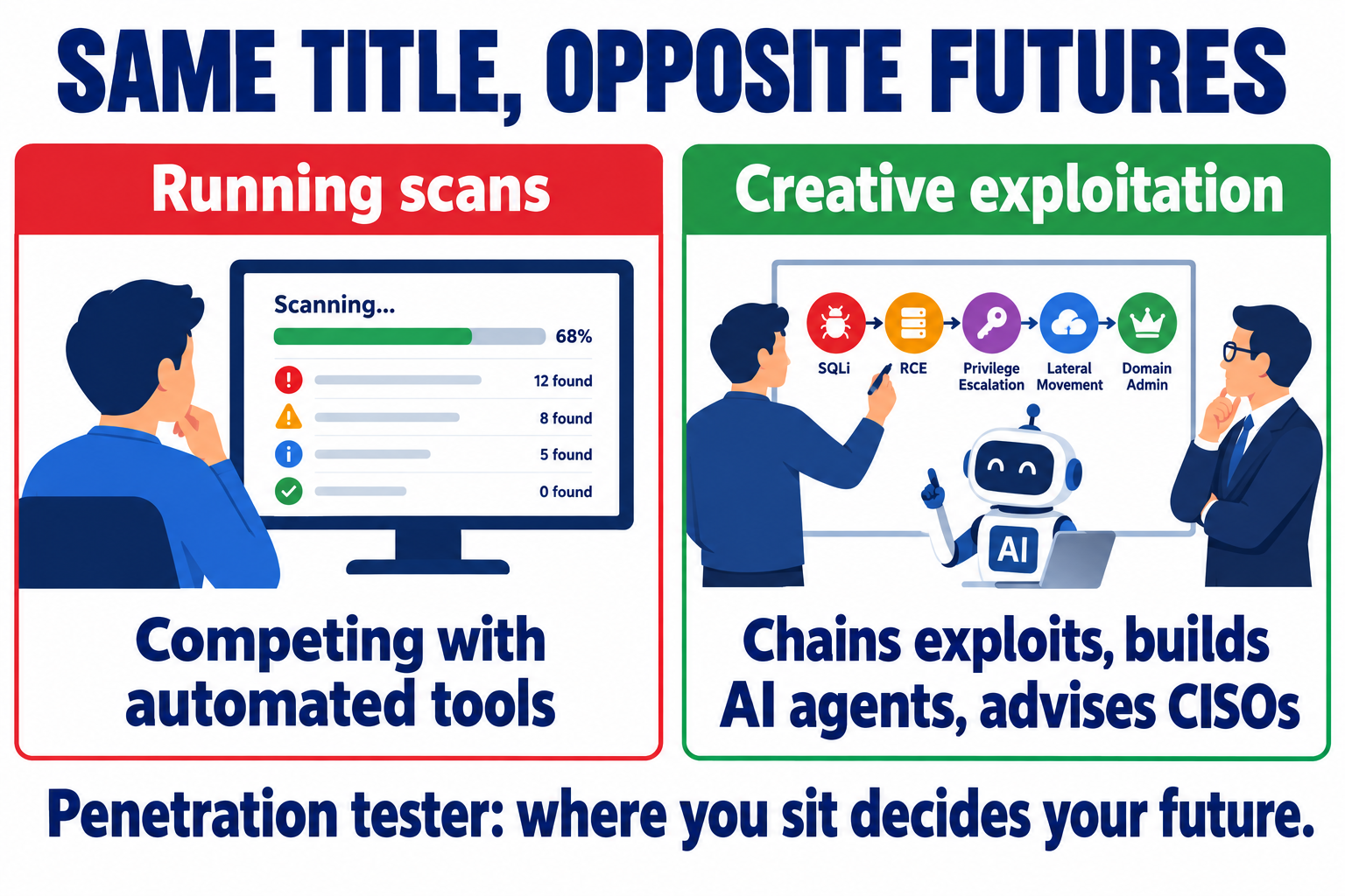 Same title, opposite futures: a penetration tester running scans is competing with automated tools, while one doing creative exploitation chains exploits, builds AI agents and advises CISOs. Where you sit decides your future