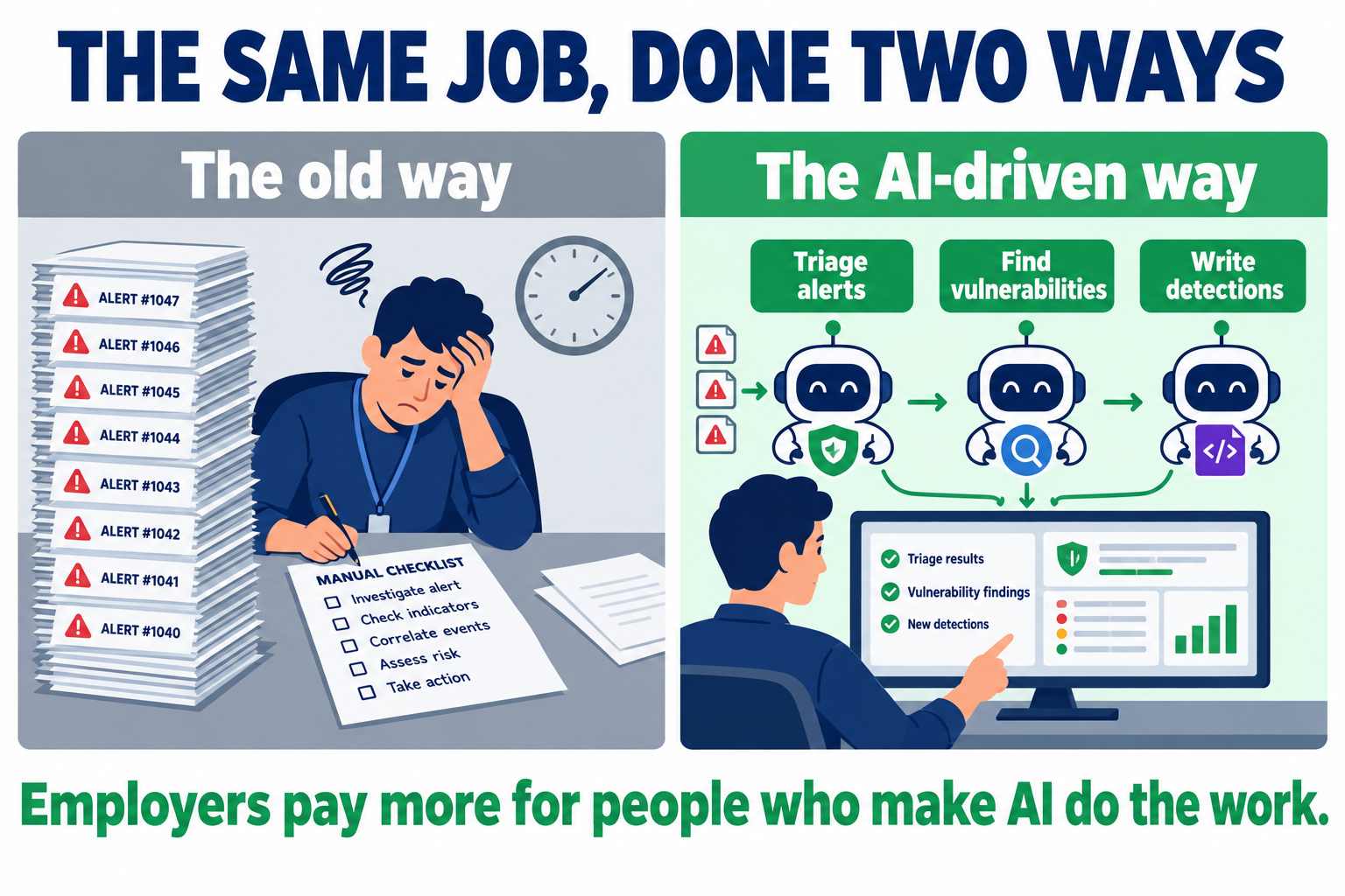 The same job, done two ways: the old way is a tired analyst working through a stack of alerts with a manual checklist; the AI-driven way is the same person directing AI agents that triage alerts, find vulnerabilities and write detections, then reviewing the results. Employers pay more for people who make AI do the work
