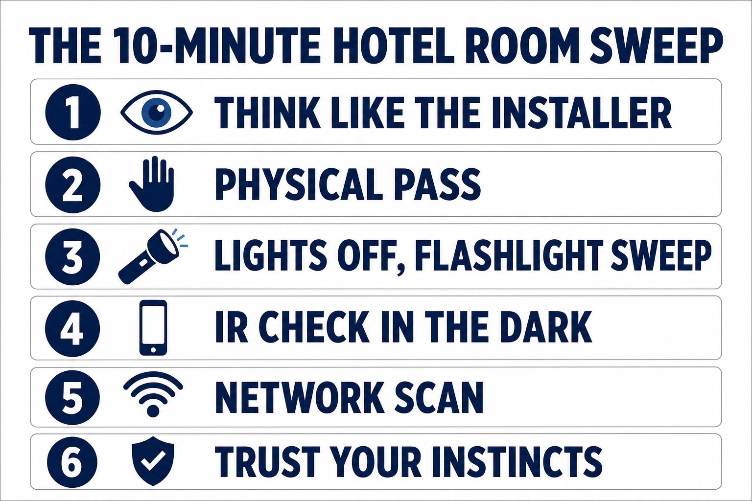 The 10-minute hotel room sweep checklist: think like the installer, physical pass, flashlight sweep, IR check, network scan, trust your instincts
