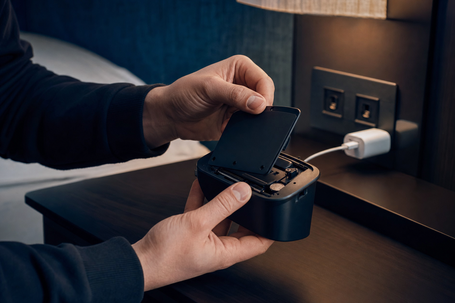 Hands opening the back cover of a bedside alarm clock in a hotel room to check for a hidden camera, with a USB wall charger plugged in behind