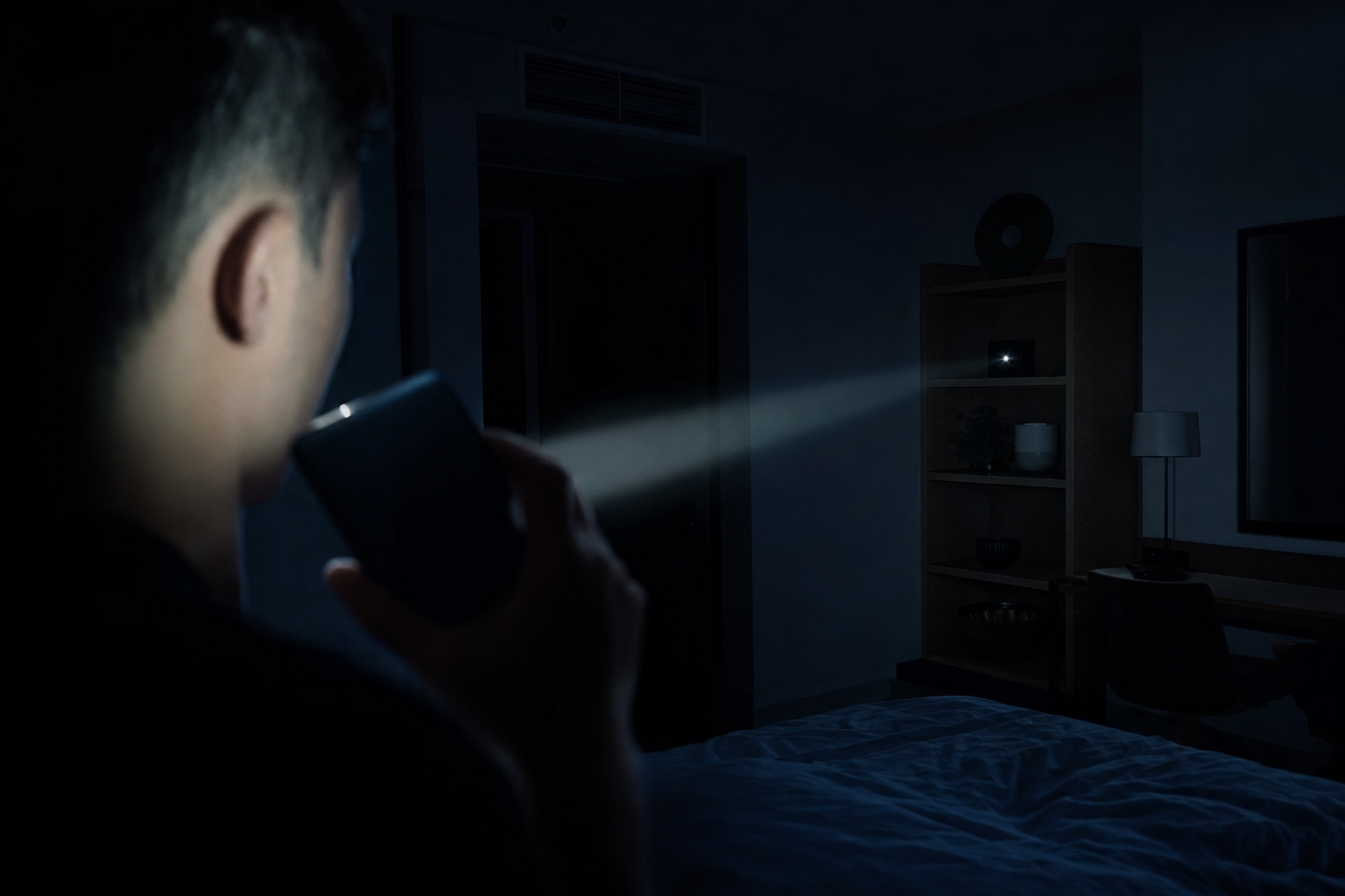 A phone flashlight beam crossing a dark hotel room to a bookshelf where a tiny bright glint reflects back from a hidden camera lens