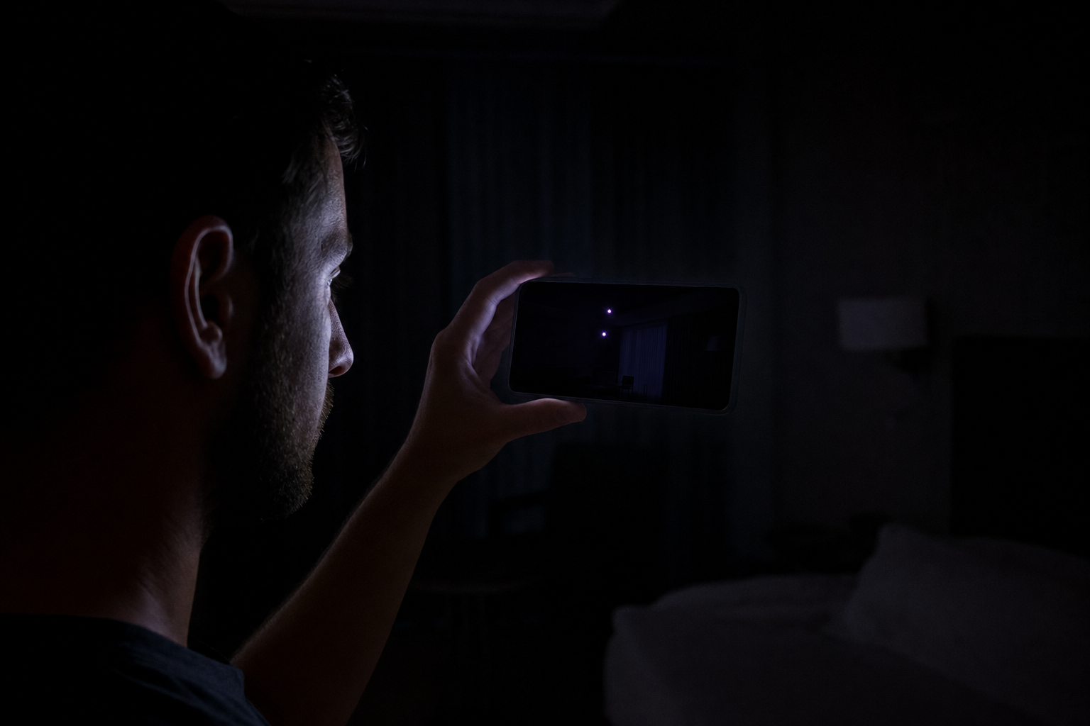 A hand holding a smartphone in a dark room, the screen showing glowing white-purple dots from infrared night-vision illuminators invisible to the naked eye