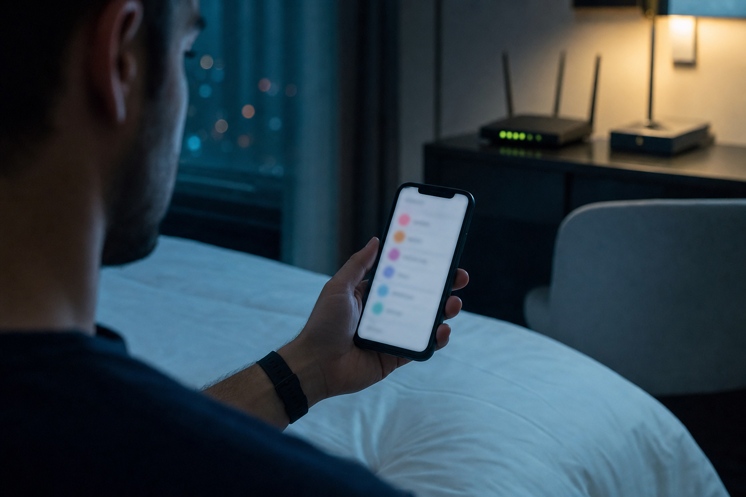 A traveller on a hotel bed running a network scan on their phone, with the room's Wi-Fi router glowing on the desk behind