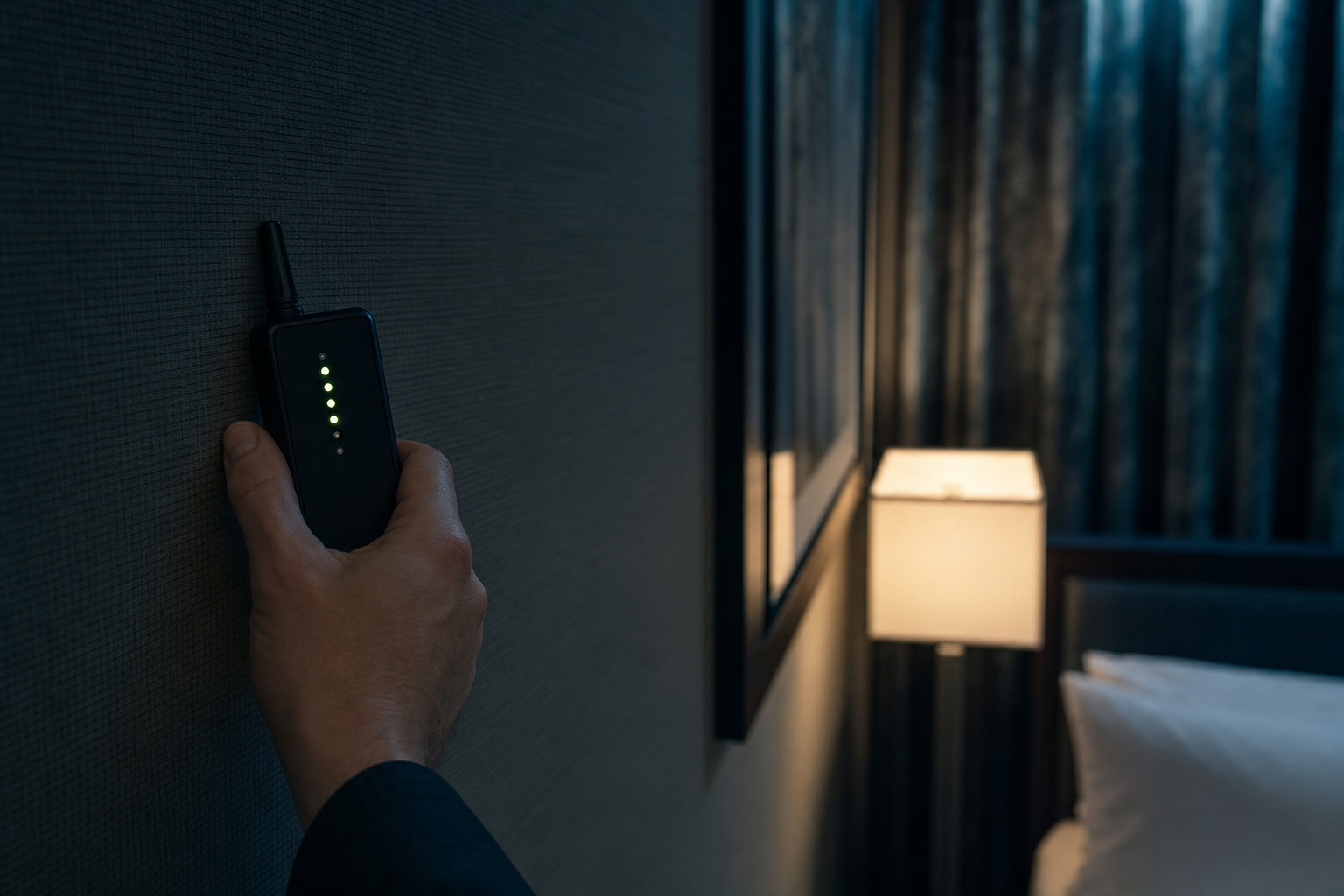 A hand sweeping a small handheld RF bug detector with an antenna and glowing signal-strength lights along a hotel room wall
