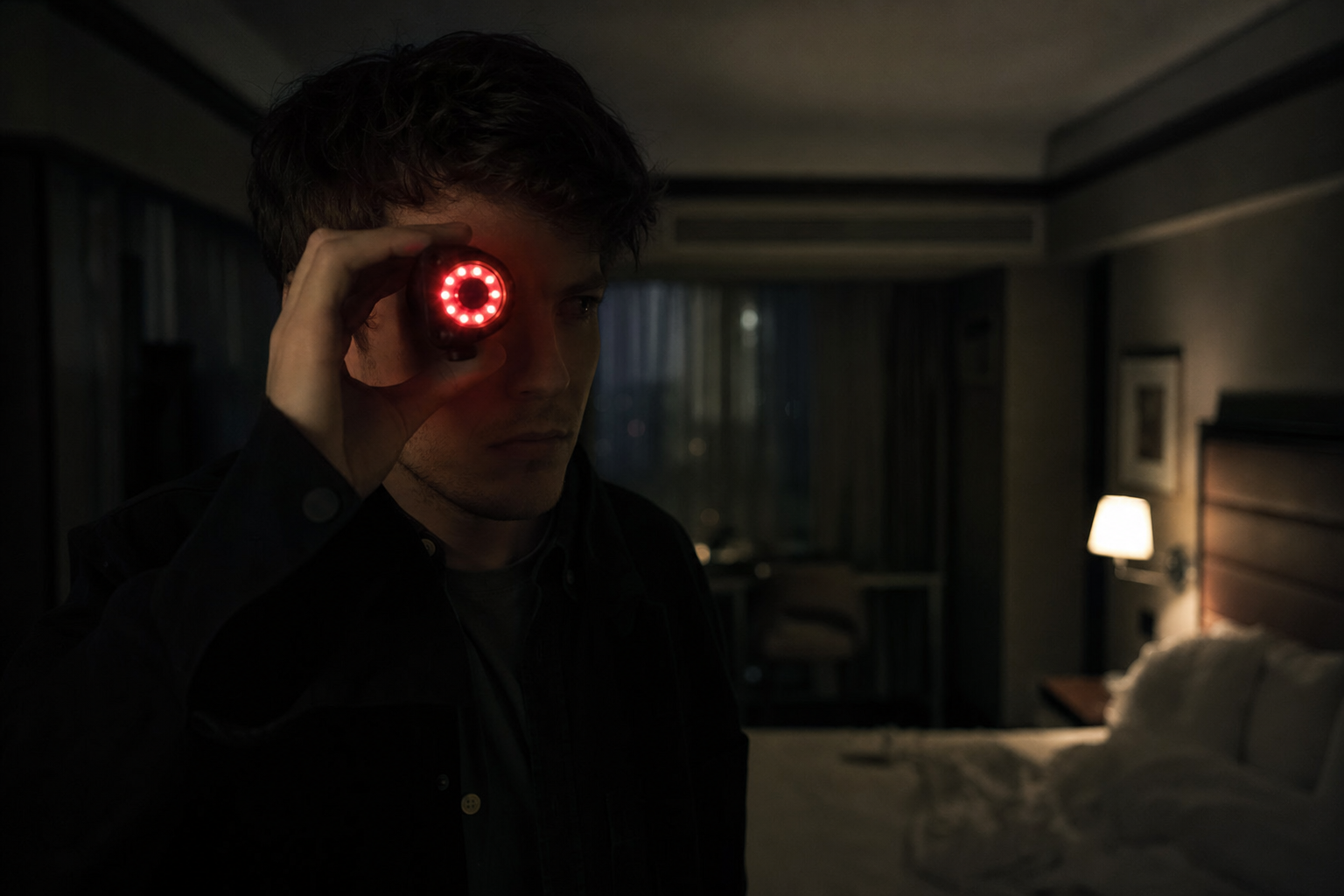 A person in a dark hotel room holding a lens-finder viewfinder ringed with bright red LEDs up to one eye while scanning the room