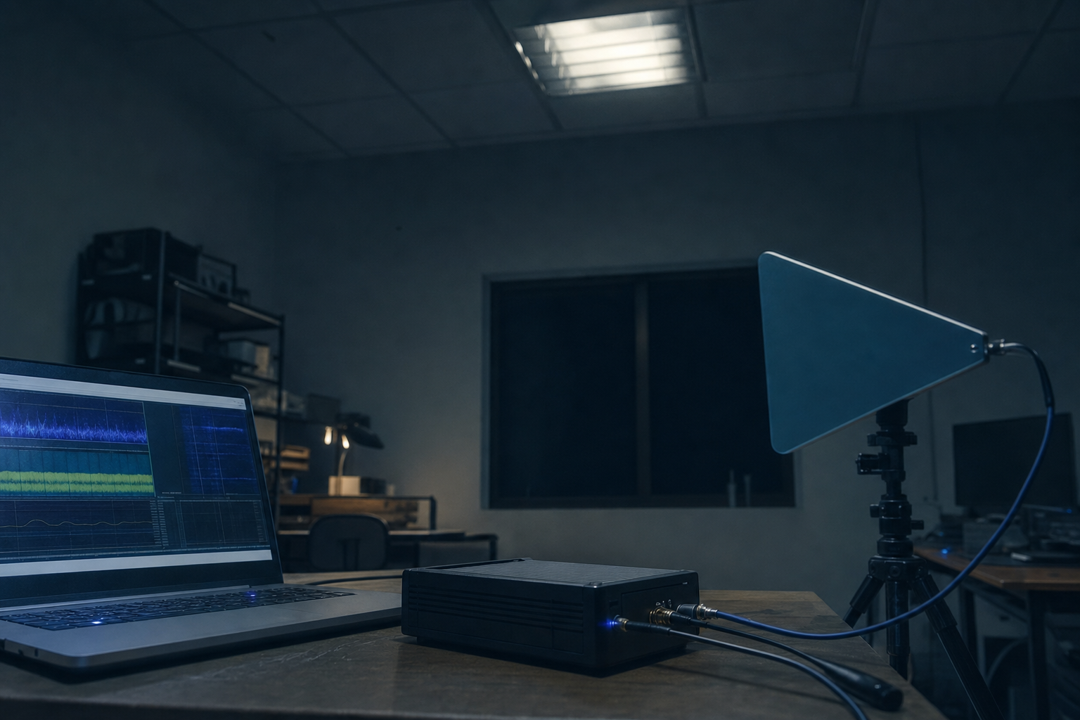 Illustration of an electromagnetic-detection research setup: a laptop, software-defined radio and directional antenna on a desk while the room light flickers