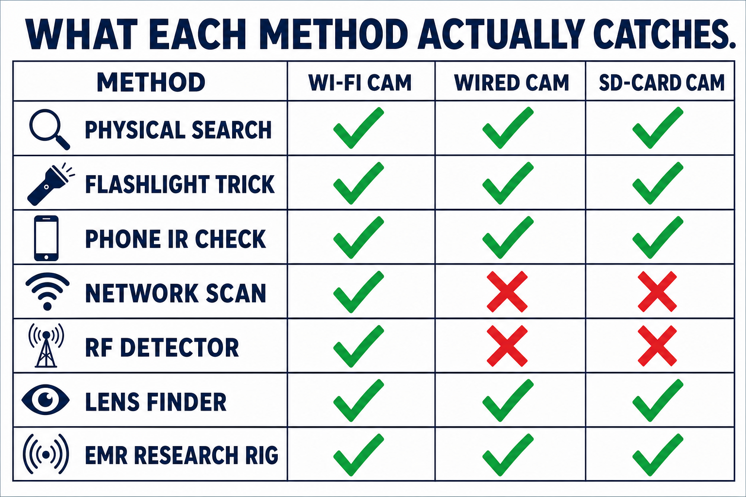 Comparison table showing which of the seven detection methods catch Wi-Fi, wired, and SD-card cameras