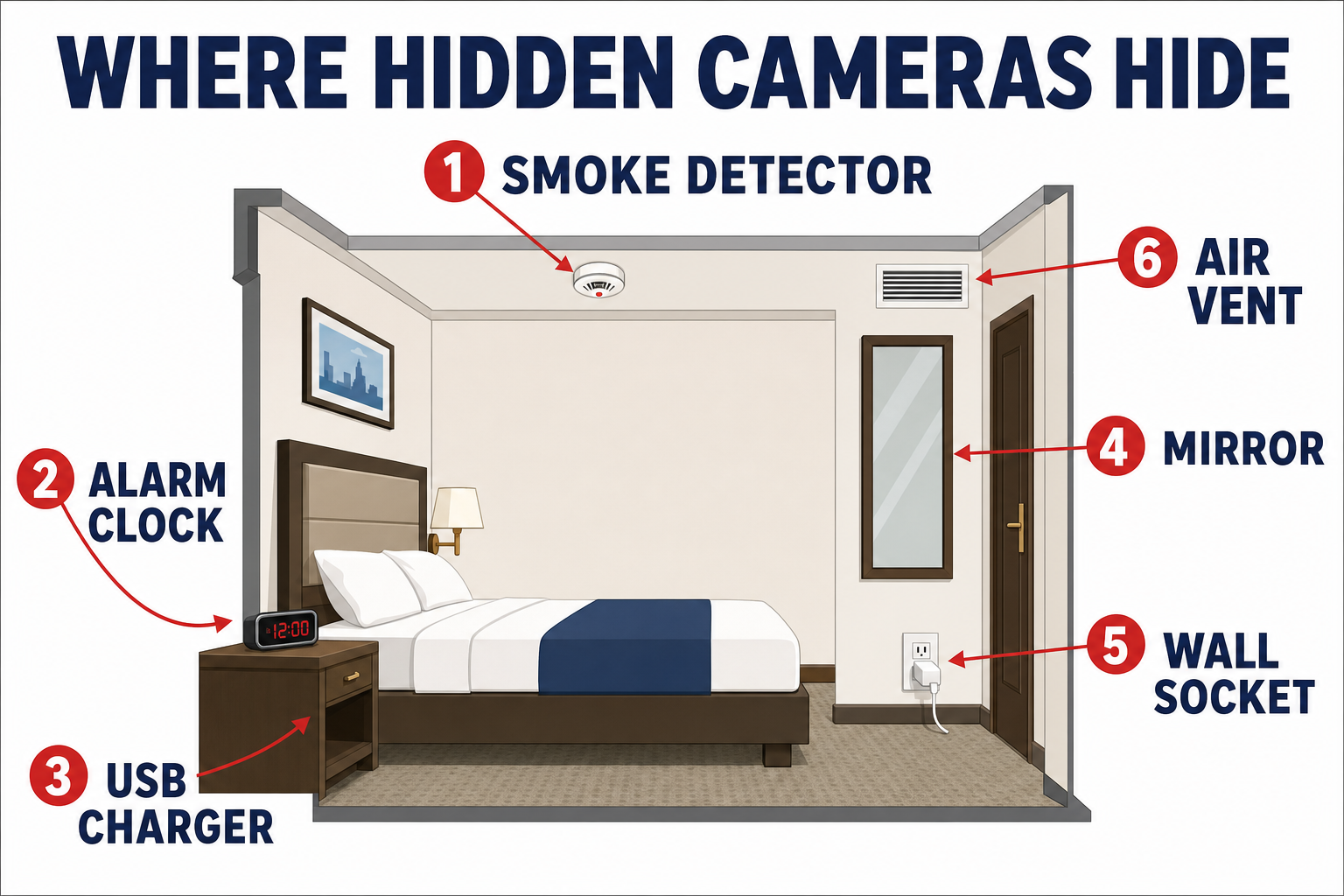 Cutaway diagram of a hotel room marking the six most common hidden camera locations: smoke detector, alarm clock, USB charger, mirror, wall socket and air vent