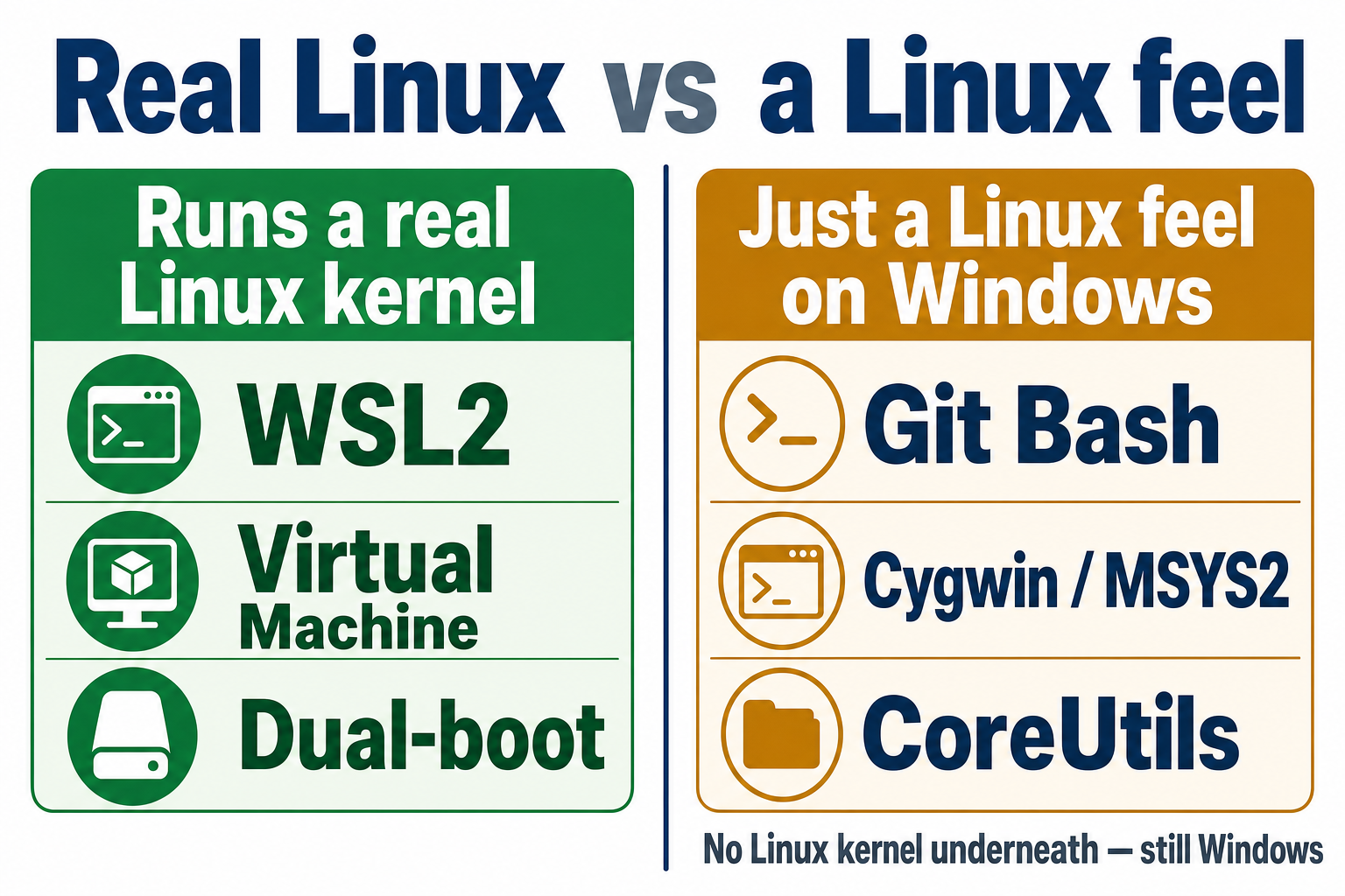 Split diagram: WSL2, virtual machines and dual-boot run a real Linux kernel; Git Bash, Cygwin/MSYS2 and CoreUtils only give a Linux feel on Windows