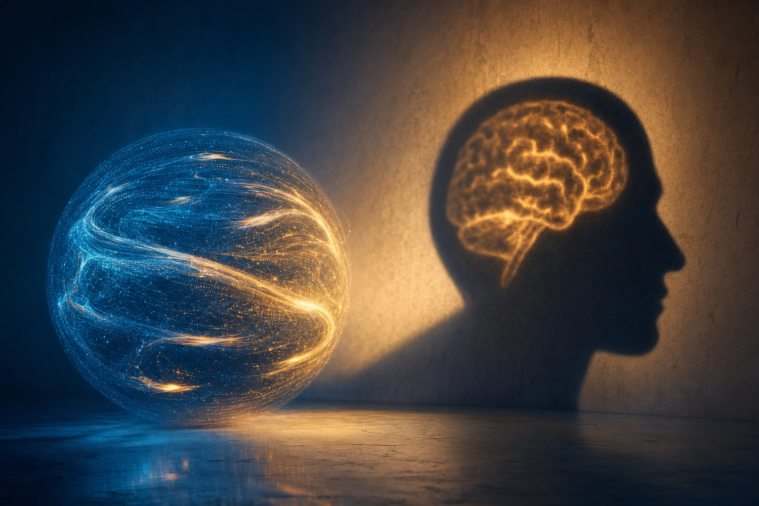 A glowing language model casting a shadow of a thinking human mind on a wall — the model is only the shadow of real understanding, the central critique of LLM limitations
