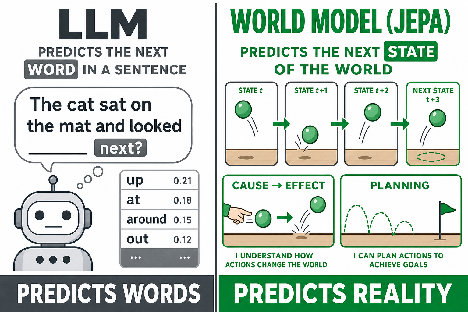 Comparison diagram: an LLM predicts the next word from text, while a world model (JEPA) predicts the next abstract state of the world to enable planning and reasoning
