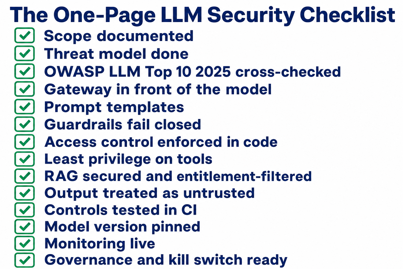 The one-page LLM security checklist: scope, threat model, OWASP cross-check, gateway, prompt templates, guardrails, access control, testing, monitoring, governance