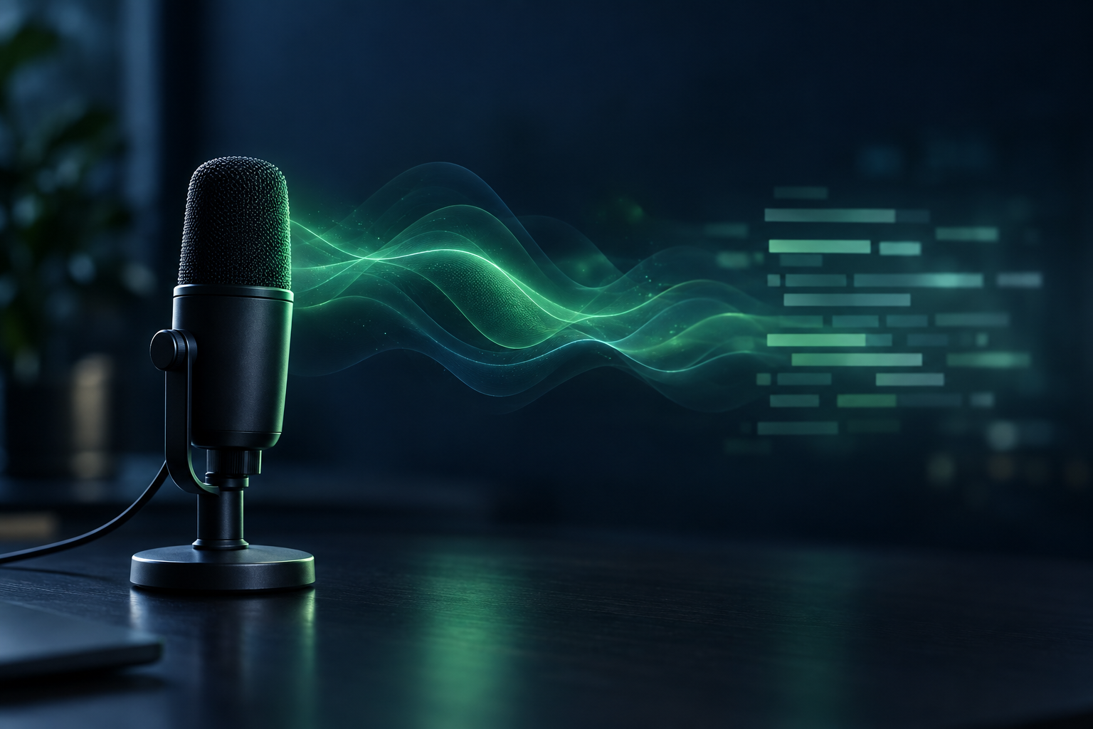 A studio microphone on a dark desk with green sound waves flowing rightward and resolving into blocks of light that suggest lines of text