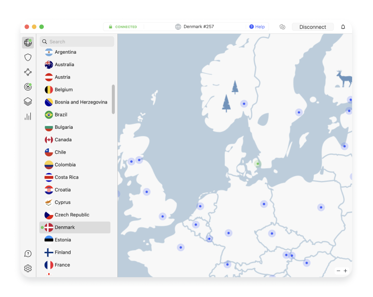 NordVPN app showing the choice of server countries and a connection map