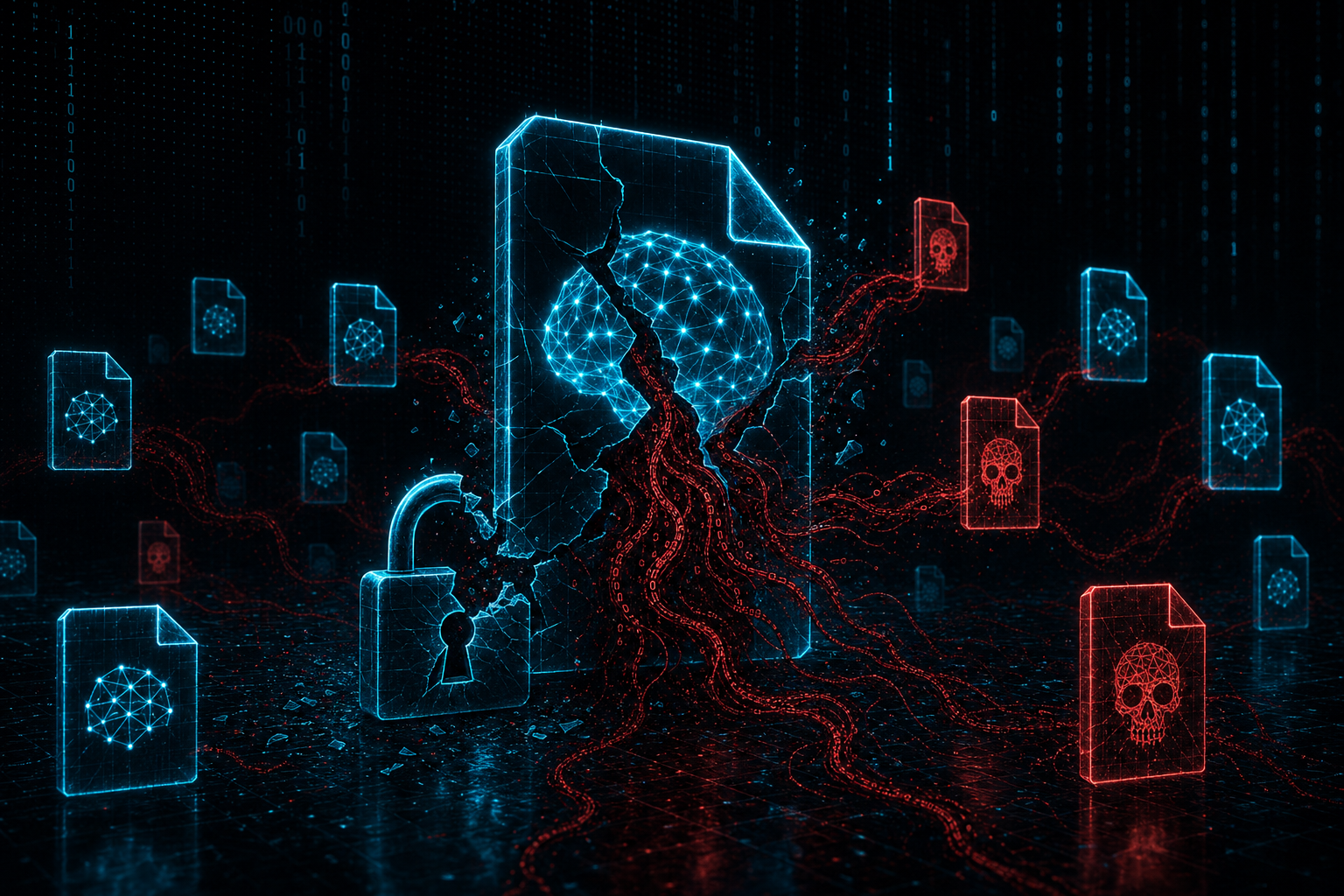 A glowing wireframe AI model file cracked open, a neural-network brain inside, with malicious red code spilling out like a trojan past a broken padlock — surrounded by model files glowing safe cyan and corrupted red with skulls. The hidden danger inside a downloaded open weight model.