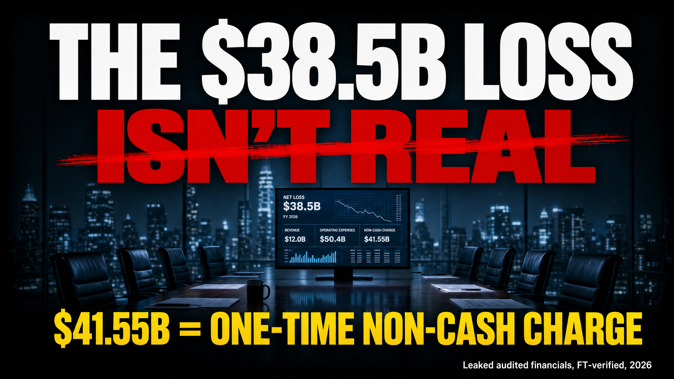 Stat card showing the $38.5B net loss headline, with $41.55B identified as a one-time non-cash charge