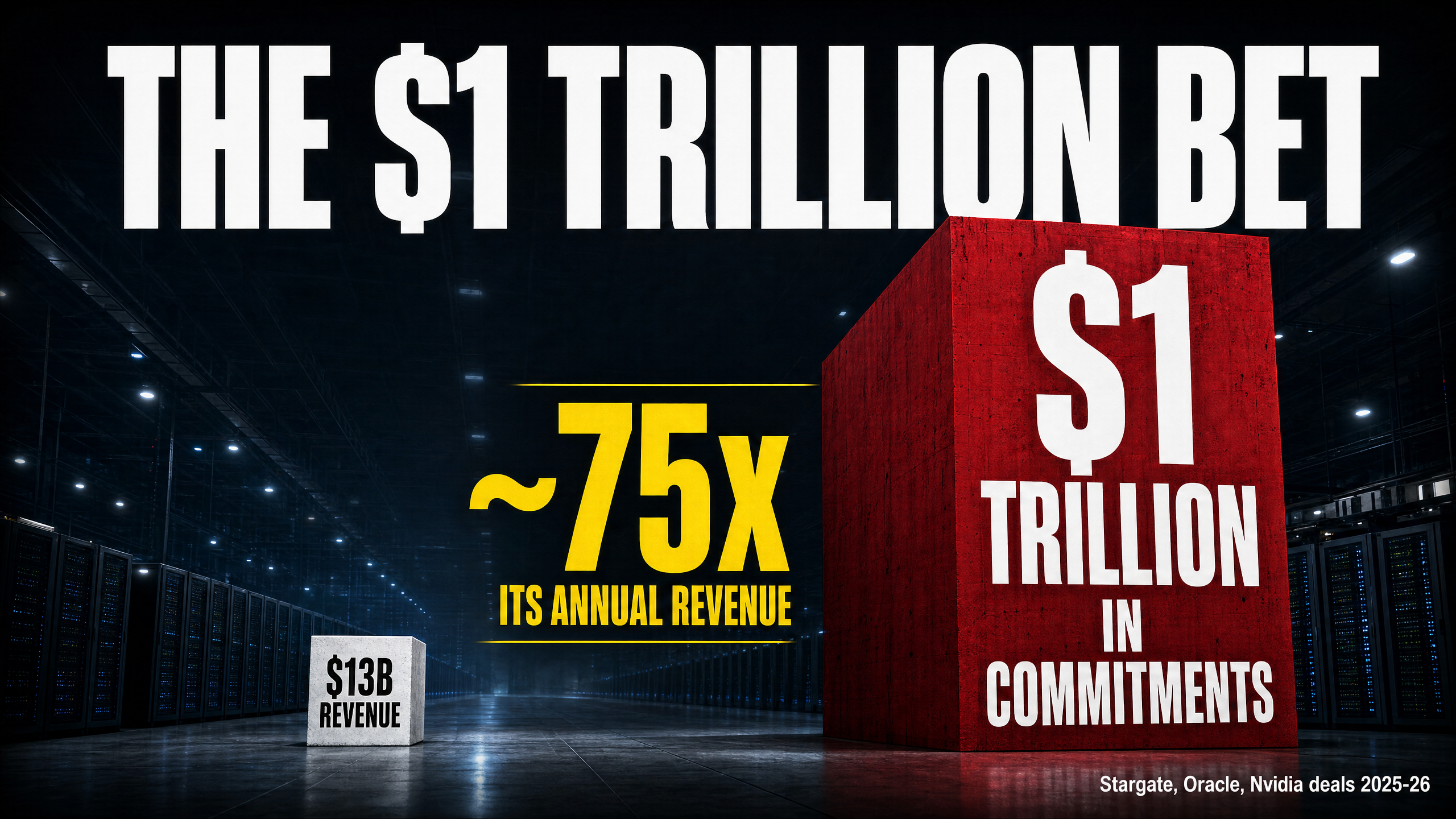 Scale comparison showing $13B annual revenue dwarfed by $1 trillion in compute commitments — roughly 75 times revenue
