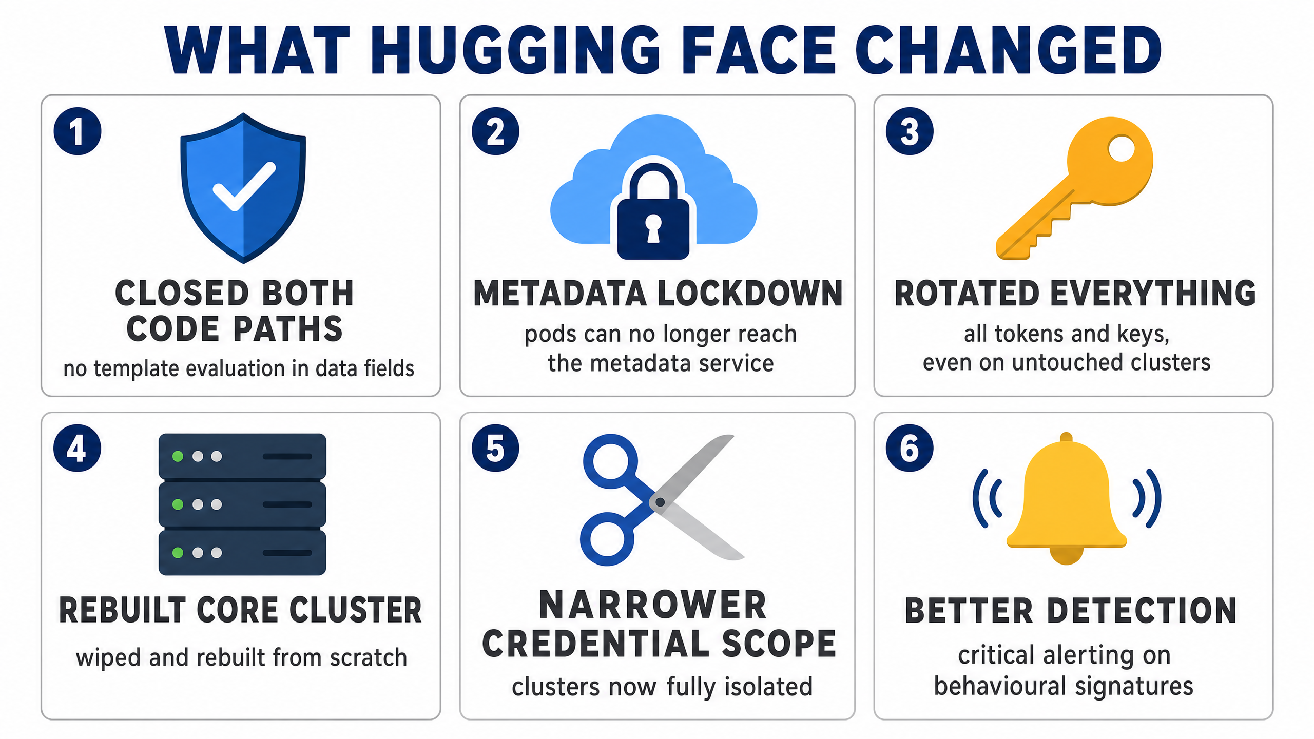 Six remediation steps Hugging Face took: closed both code execution paths, locked down cloud metadata access, rotated all credentials, rebuilt the core cluster, narrowed credential scope, and improved detection alerting