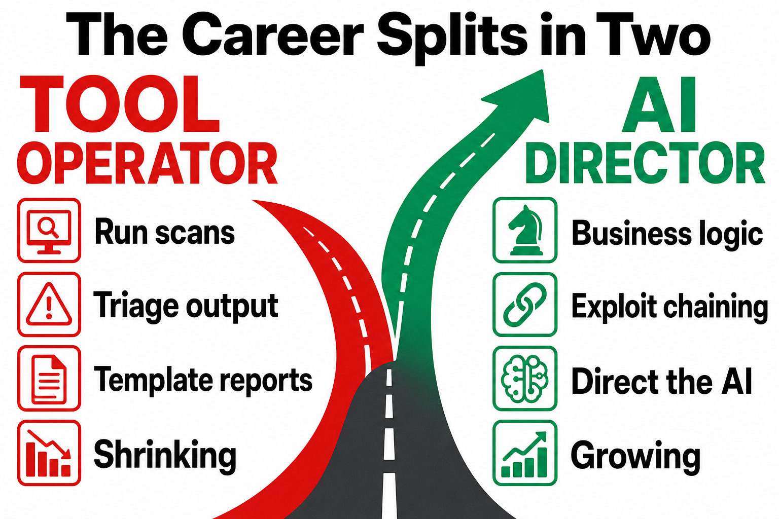 Diagram of the penetration tester career splitting in two: a red downward path labelled Tool Operator (run scans, triage output, template reports, shrinking) and a green upward path labelled AI Director (business logic, exploit chaining, direct the AI, growing)