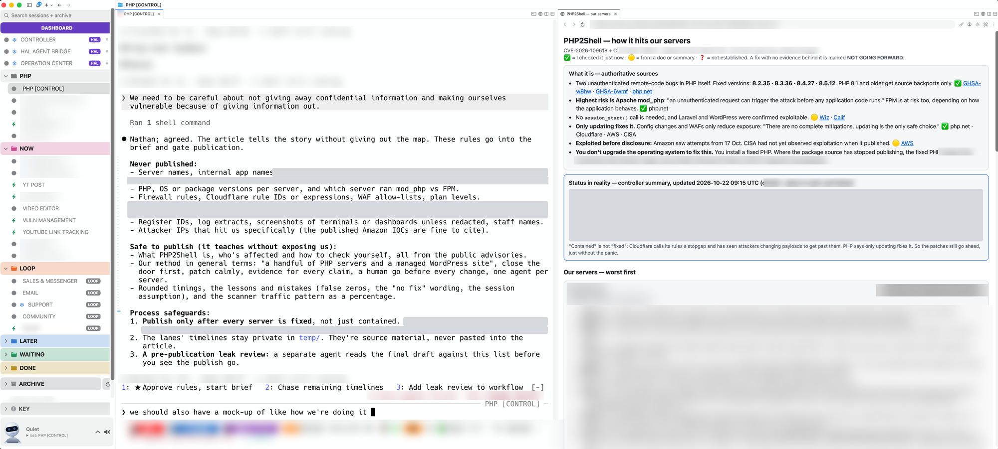 The HAL Agent Bridge during the PHP2Shell response: a sidebar of agent sessions, the controller's terminal agreeing the article's confidentiality rules, and a live status page with the per-server details redacted
