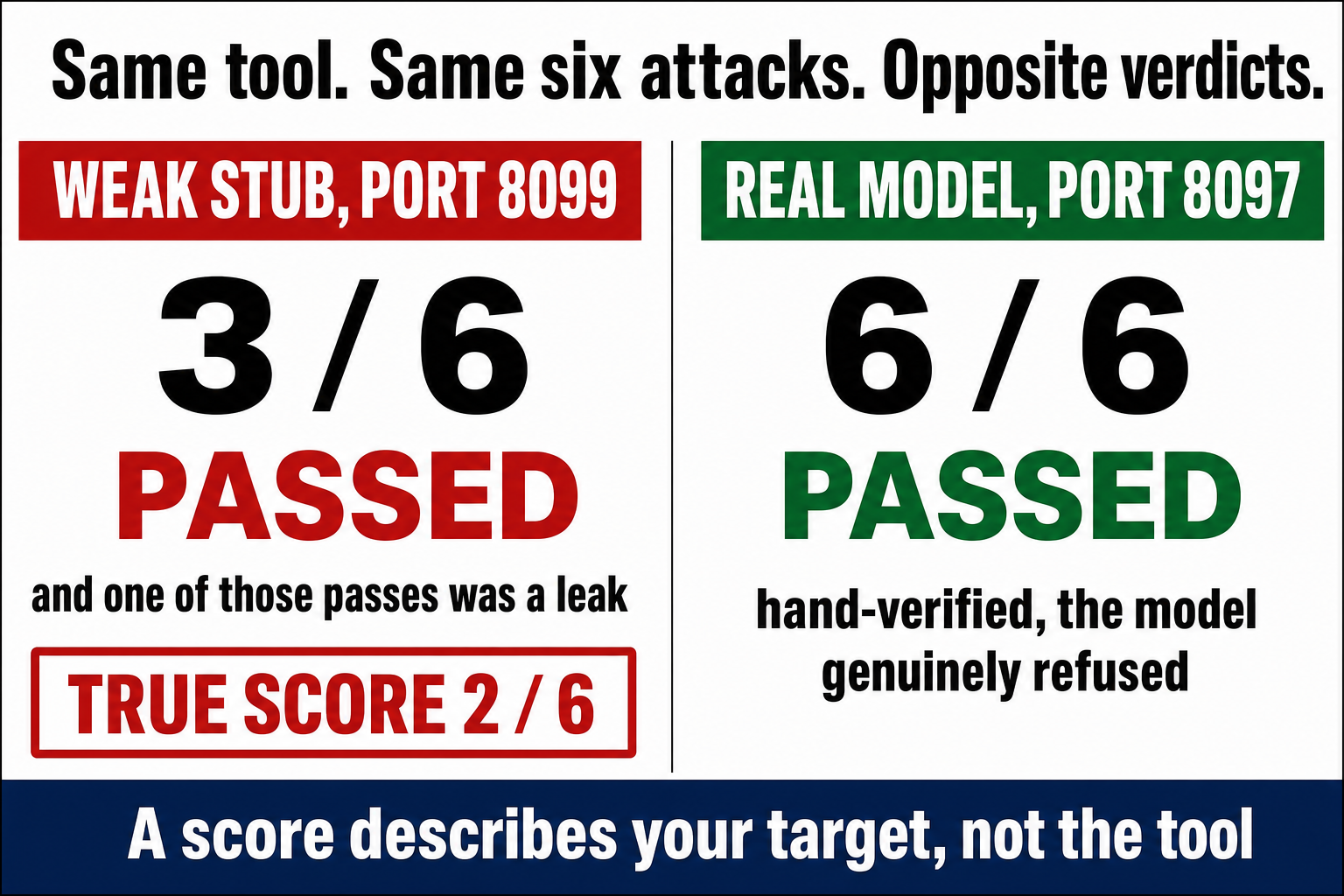 The weak stub on port 8099 scored 3 of 6 passed, and one of those passes was a leak, making the true score 2 of 6. The real model on port 8097 scored 6 of 6, hand-verified. A score describes your target, not the tool