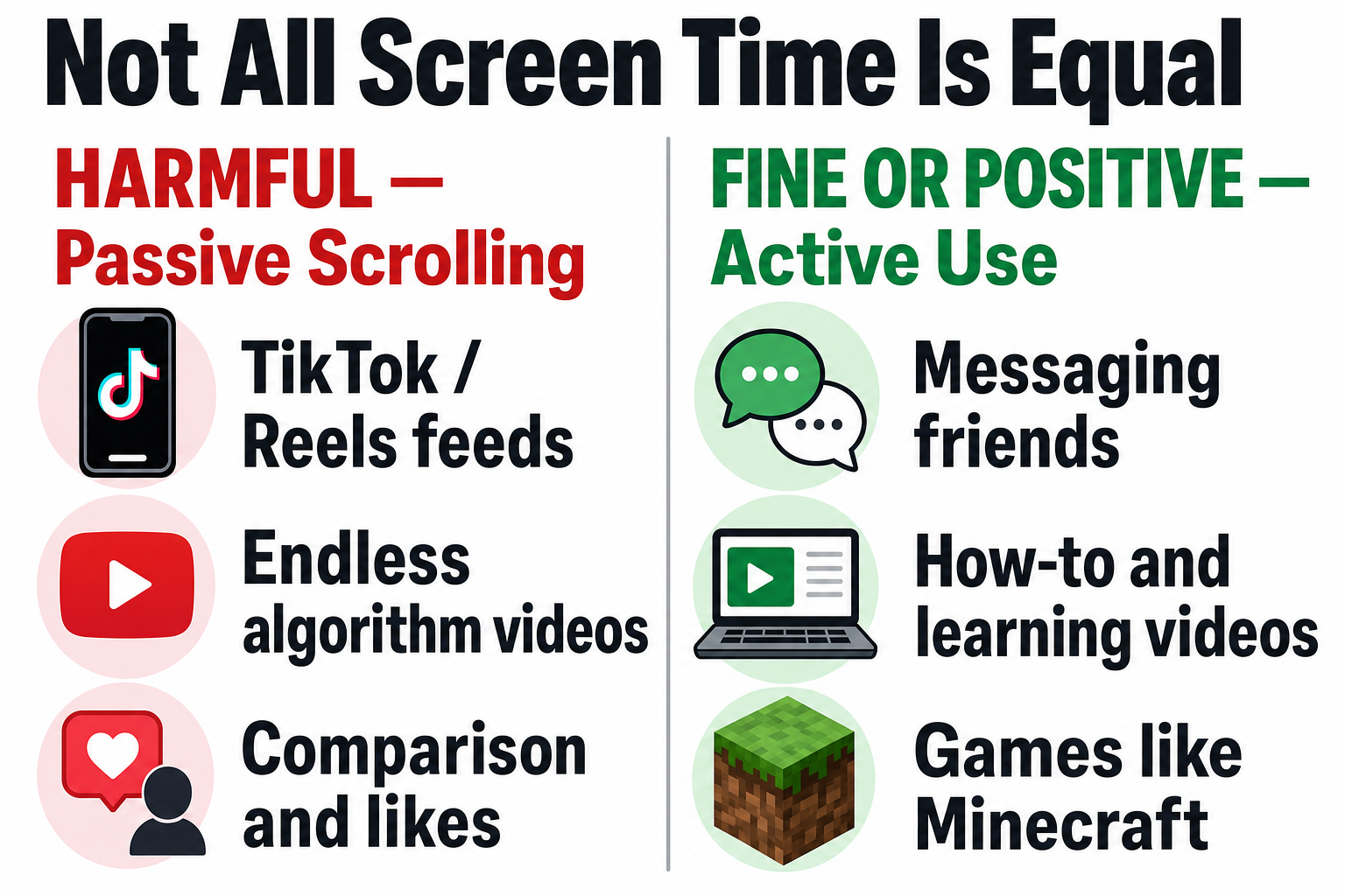 Not all screen time is equal: passive scrolling through TikTok and Reels feeds is harmful, while messaging friends, how-to videos and games like Minecraft are fine or positive.