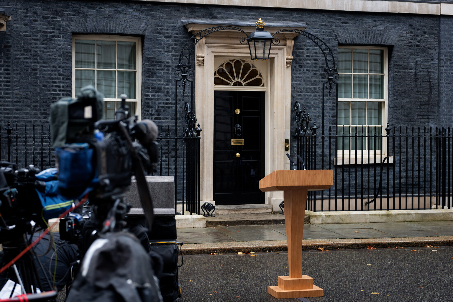 An empty podium and television cameras set up outside the black door of a Downing Street townhouse, where the Prime Minister announced the under-16 social media ban.