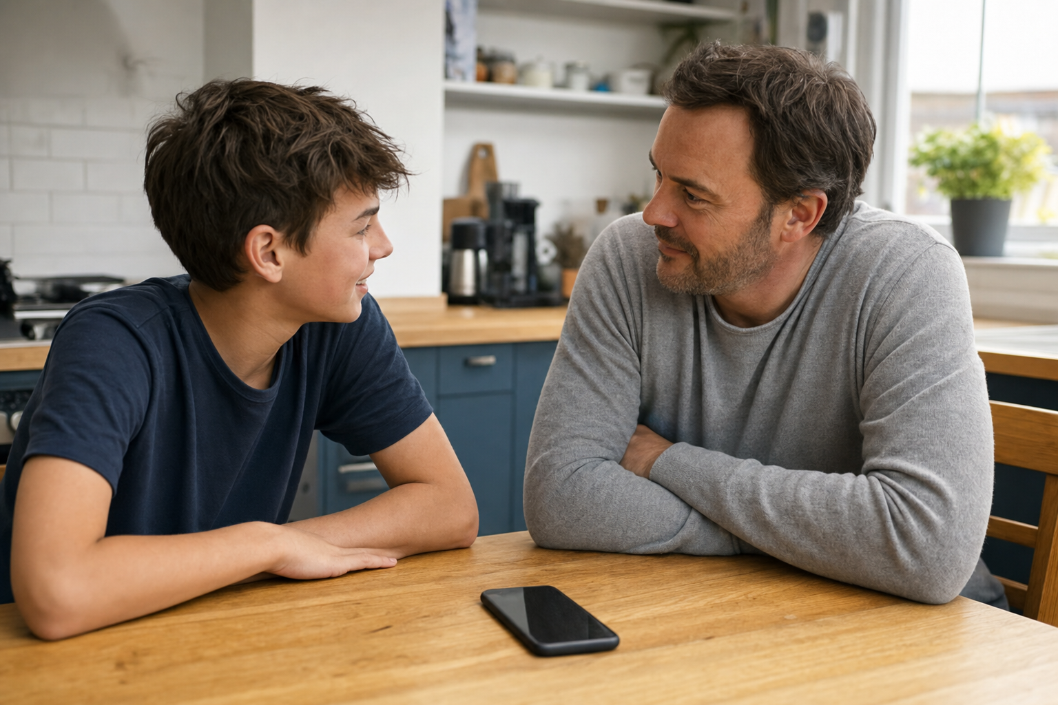 A parent and teenager talking at the kitchen table with the phone set face-down between them — the everyday conversations that protect children more than a ban.