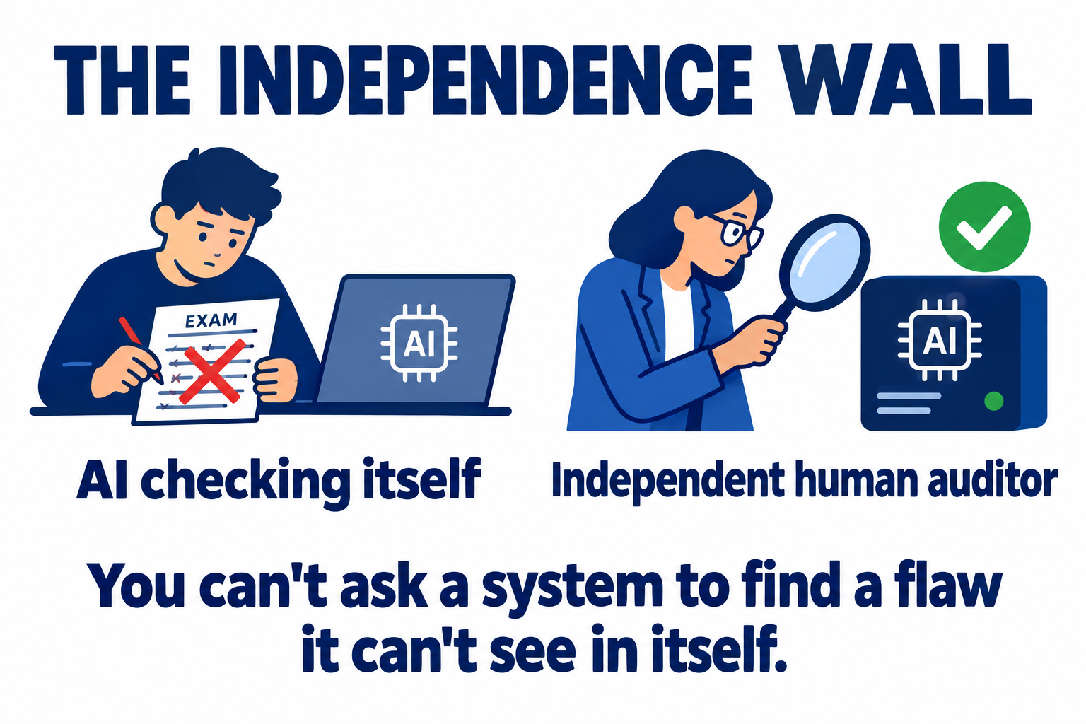 The independence wall: AI checking itself is like a student grading their own exam, while an independent human auditor reviews the AI system. You can't ask a system to find a flaw it can't see in itself