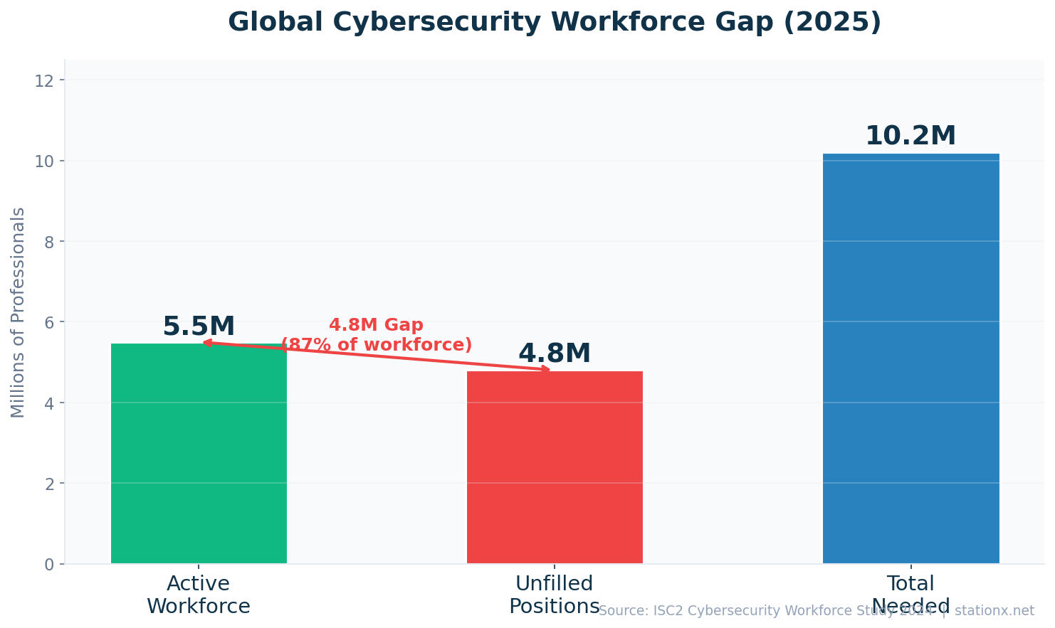 Bar chart showing cybersecurity workforce gap: 5.5M active professionals, 4.8M unfilled positions (87% of current workforce), 10.2M total needed