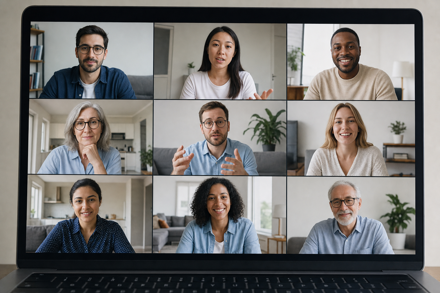 A laptop screen showing an ordinary video call, nine people in a grid of tiles, each in a home office or living room, talking and smiling