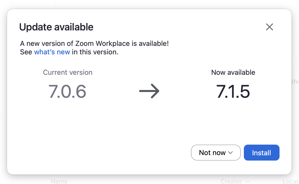 Zoom's update dialogue showing current version 7.0.6 with an arrow to now available 7.1.5, and an Install button